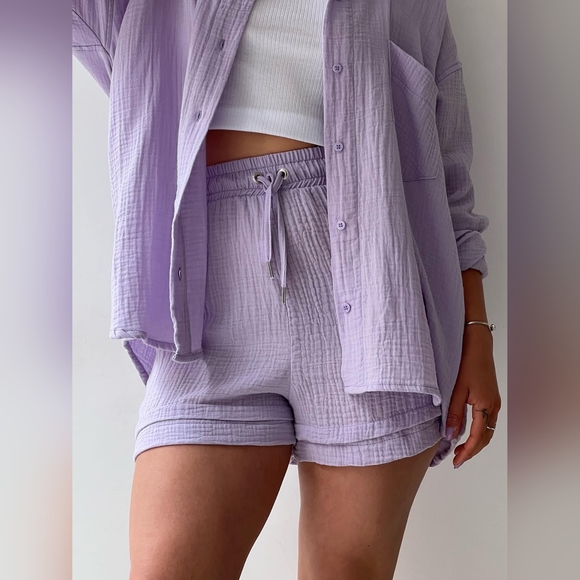 Texture Button Up Shirt and Drawstring Shorts Set - Picture 2 of 4